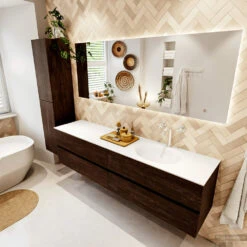 MONDIAZ VICA 190cm Badmeubel Onderkast Dark Brown 4 Lades. Wastafel MOON Rechts 1 Kraangat, Kleur Talc. -Geberiter Meubels Geschaft badkamermeubel vica dark brown moon talc set2 0097