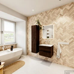 MONDIAZ VICA 60cm Badmeubel Onderkast Dark Brown 2 Lades. Wastafel Moon Midden Zonder Kraangat, Kleur Talc Met Spiegel LED. -Geberiter Meubels Geschaft badkamermeubel vica dark brown moon talc set4 0003