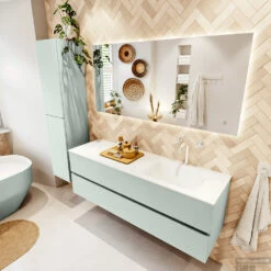 MONDIAZ VICA 150cm Badmeubel Onderkast Greey 2 Lades. Wastafel CLOUD Rechts 1 Kraangat, Kleur Talc Met Spiegel LED. -Geberiter Meubels Geschaft badkamermeubel vica greey cloud talc set2 0048