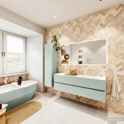 MONDIAZ VICA 150cm Badmeubel Onderkast Greey 2 Lades. Wastafel CLOUD Rechts 1 Kraangat, Kleur Talc Met Spiegel LED. -Geberiter Meubels Geschaft badkamermeubel vica greey cloud talc set4 0048