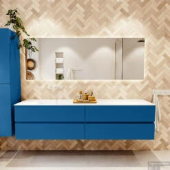 MONDIAZ VICA 200cm Badmeubel Onderkast Jeans 4 Lades. Wastafel CLOUD Links Zonder Kraangat, Kleur Talc. -Geberiter Meubels Geschaft badkamermeubel vica jeans cloud talc set1 0105