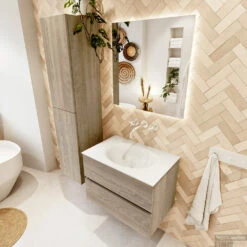 MONDIAZ VICA 70cm Badmeubel Onderkast Light Brown Grey 2 Lades. Wastafel MOON Midden Zonder Kraangat, Kleur Talc. -Geberiter Meubels Geschaft badkamermeubel vica light brown grey moon talc set2 0005