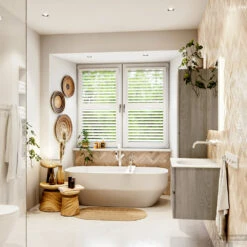 MONDIAZ VICA 70cm Badmeubel Onderkast Light Brown Grey 2 Lades. Wastafel MOON Midden Zonder Kraangat, Kleur Talc. -Geberiter Meubels Geschaft badkamermeubel vica light brown grey moon talc set3 0005