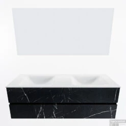 MONDIAZ VICA 150cm Badmeubel Onderkast Marquina 4 Lades. Wastafel CLOUD Dubbel 2 Kraangaten, Kleur Talc Met Spiegel LED. -Geberiter Meubels Geschaft badkamermeubel vica marquina cloud talc google11 0074