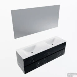 MONDIAZ VICA 150cm Badmeubel Onderkast Marquina 4 Lades. Wastafel CLOUD Dubbel 2 Kraangaten, Kleur Talc Met Spiegel LED.