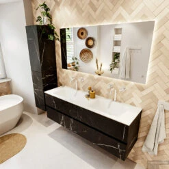 MONDIAZ VICA 150cm Badmeubel Onderkast Marquina 4 Lades. Wastafel CLOUD Dubbel 2 Kraangaten, Kleur Talc Met Spiegel LED. -Geberiter Meubels Geschaft badkamermeubel vica marquina cloud talc set2 0074