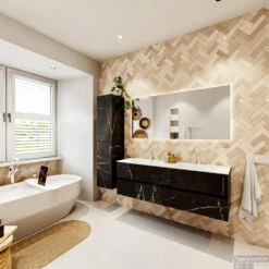 MONDIAZ VICA 150cm Badmeubel Onderkast Marquina 4 Lades. Wastafel CLOUD Dubbel 2 Kraangaten, Kleur Talc Met Spiegel LED. -Geberiter Meubels Geschaft badkamermeubel vica marquina cloud talc set4 0074