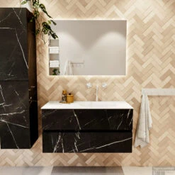 MONDIAZ VICA 100cm Badmeubel Onderkast Marquina 2 Lades. Wastafel Moon Rechts 1 Kraangat, Kleur Talc Met Spiegel LED. -Geberiter Meubels Geschaft badkamermeubel vica marquina moon talc set1 012