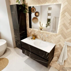 MONDIAZ VICA 100cm Badmeubel Onderkast Marquina 2 Lades. Wastafel Moon Rechts 1 Kraangat, Kleur Talc Met Spiegel LED. -Geberiter Meubels Geschaft badkamermeubel vica marquina moon talc set2 0012