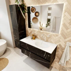 MONDIAZ VICA 110cm Badmeubel Onderkast Marquina 2 Lades. Wastafel MOON Rechts 1 Kraangat, Kleur Talc. -Geberiter Meubels Geschaft badkamermeubel vica marquina moon talc set2 0018