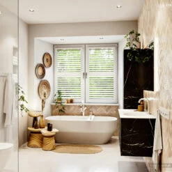 MONDIAZ VICA 100cm Badmeubel Onderkast Marquina 2 Lades. Wastafel Moon Rechts 1 Kraangat, Kleur Talc Met Spiegel LED. -Geberiter Meubels Geschaft badkamermeubel vica marquina moon talc set3 0012