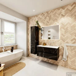 MONDIAZ VICA 100cm Badmeubel Onderkast Marquina 2 Lades. Wastafel Moon Rechts 1 Kraangat, Kleur Talc Met Spiegel LED. -Geberiter Meubels Geschaft badkamermeubel vica marquina moon talc set4 0012