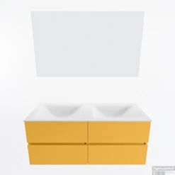 MONDIAZ VICA 120cm Badmeubel Onderkast Ocher 4 Lades. Wastafel CLOUD Dubbel Zonder Kraangat, Kleur Talc Met Spiegel LED. -Geberiter Meubels Geschaft badkamermeubel vica ocher cloud talc google11 0059