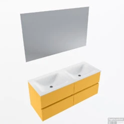 MONDIAZ VICA 120cm Badmeubel Onderkast Ocher 4 Lades. Wastafel CLOUD Dubbel Zonder Kraangat, Kleur Talc Met Spiegel LED.