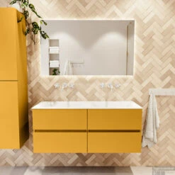 MONDIAZ VICA 120cm Badmeubel Onderkast Ocher 4 Lades. Wastafel CLOUD Dubbel Zonder Kraangat, Kleur Talc Met Spiegel LED. -Geberiter Meubels Geschaft badkamermeubel vica ocher cloud talc set1 0059