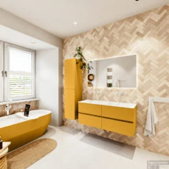 MONDIAZ VICA 120cm Badmeubel Onderkast Ocher 4 Lades. Wastafel CLOUD Dubbel Zonder Kraangat, Kleur Talc Met Spiegel LED. -Geberiter Meubels Geschaft badkamermeubel vica ocher cloud talc set4 0059