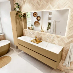 MONDIAZ VICA 180cm Badmeubel Onderkast Oro 4 Lades. Wastafel CLOUD Dubbel Zonder Kraangat, Kleur Talc. -Geberiter Meubels Geschaft badkamermeubel vica oro cloud talc set2 0095