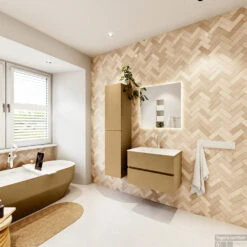 MONDIAZ VICA 70cm Badmeubel Onderkast Oro 2 Lades. Wastafel CLOUD Midden 1 Kraangat, Kleur Talc Met Spiegel LED. -Geberiter Meubels Geschaft badkamermeubel vica oro cloud talc set4 0004