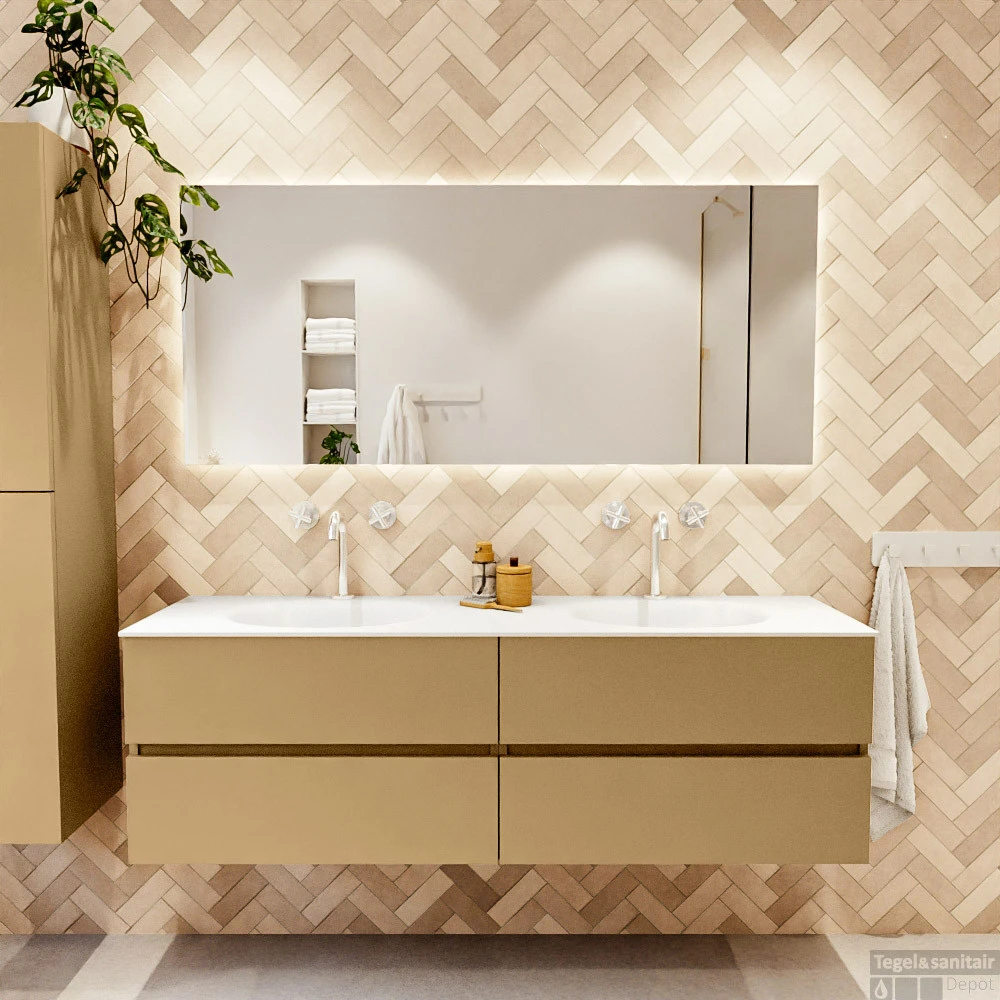 MONDIAZ VICA 160cm Badmeubel Onderkast Oro 4 Lades. Wastafel MOON Dubbel 2 Kraangaten, Kleur Talc. 7 MONDIAZ VICA 160cm Badmeubel Onderkast Oro 4 Lades. Wastafel MOON Dubbel 2 Kraangaten, Kleur Talc. - Afbeelding 5