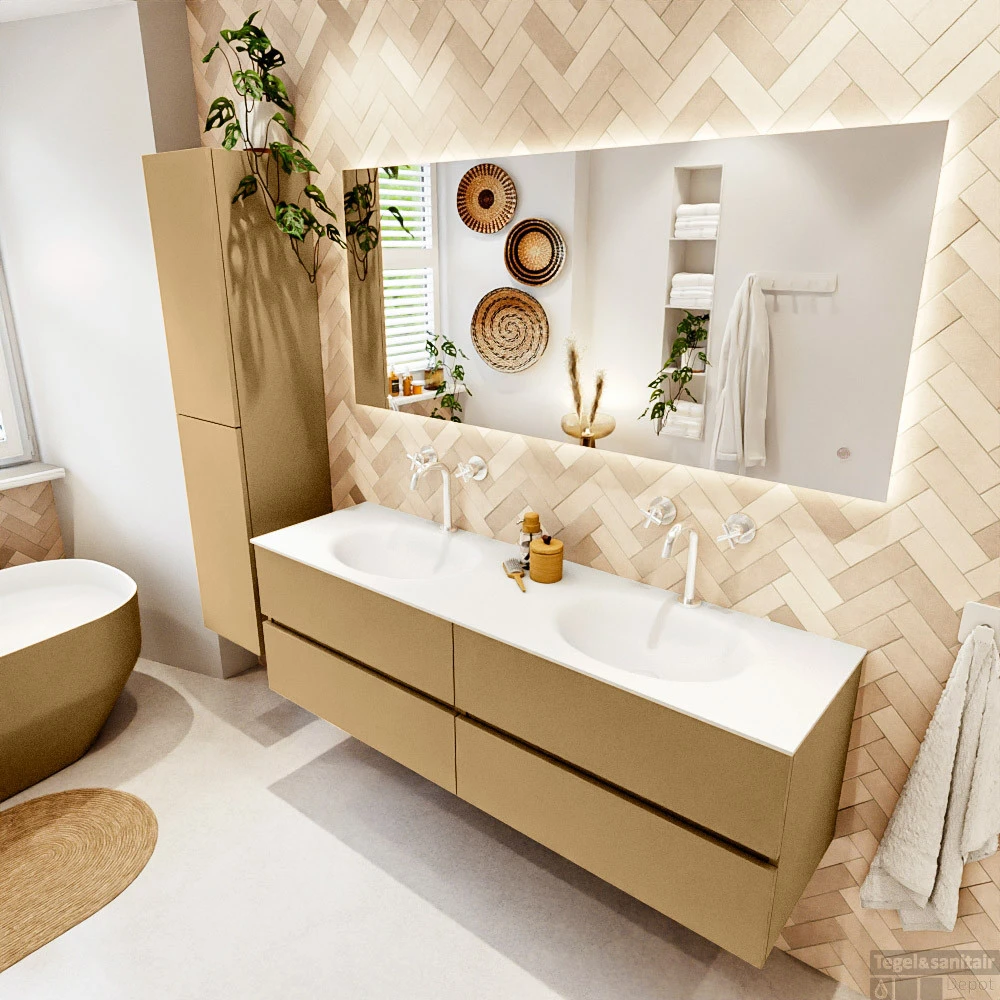 MONDIAZ VICA 160cm Badmeubel Onderkast Oro 4 Lades. Wastafel MOON Dubbel 2 Kraangaten, Kleur Talc. 5 MONDIAZ VICA 160cm Badmeubel Onderkast Oro 4 Lades. Wastafel MOON Dubbel 2 Kraangaten, Kleur Talc. - Afbeelding 3