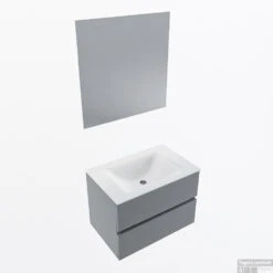 MONDIAZ VICA 70cm Badmeubel Onderkast Plata 2 Lades. Wastafel CLOUD Midden Zonder Kraangat, Kleur Talc Met Spiegel LED.