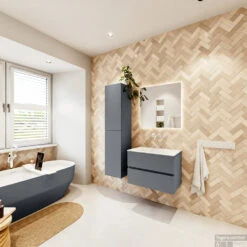 MONDIAZ VICA 70cm Badmeubel Onderkast Plata 2 Lades. Wastafel CLOUD Midden Zonder Kraangat, Kleur Talc Met Spiegel LED. -Geberiter Meubels Geschaft badkamermeubel vica plata cloud talc set4 0005