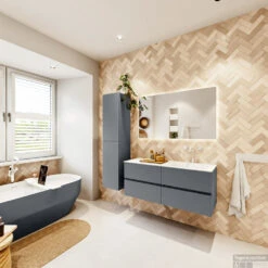 MONDIAZ VICA 120cm Badmeubel Onderkast Plata 4 Lades. Wastafel CLOUD Rechts 1 Kraangat, Kleur Talc Met Spiegel LED. -Geberiter Meubels Geschaft badkamermeubel vica plata cloud talc set4 0055