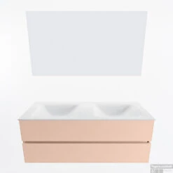 MONDIAZ VICA 130cm Badmeubel Onderkast Rosee 2 Lades. Wastafel CLOUD Dubbel 2 Kraangaten, Kleur Talc Met Spiegel LED. -Geberiter Meubels Geschaft badkamermeubel vica rosee cloud talc google11 0033