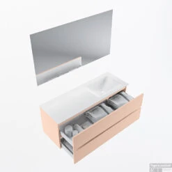 MONDIAZ VICA 130cm Badmeubel Onderkast Rosee 2 Lades. Wastafel CLOUD Rechts 1 Kraangat, Kleur Talc Met Spiegel LED. -Geberiter Meubels Geschaft badkamermeubel vica rosee cloud talc google13 0032