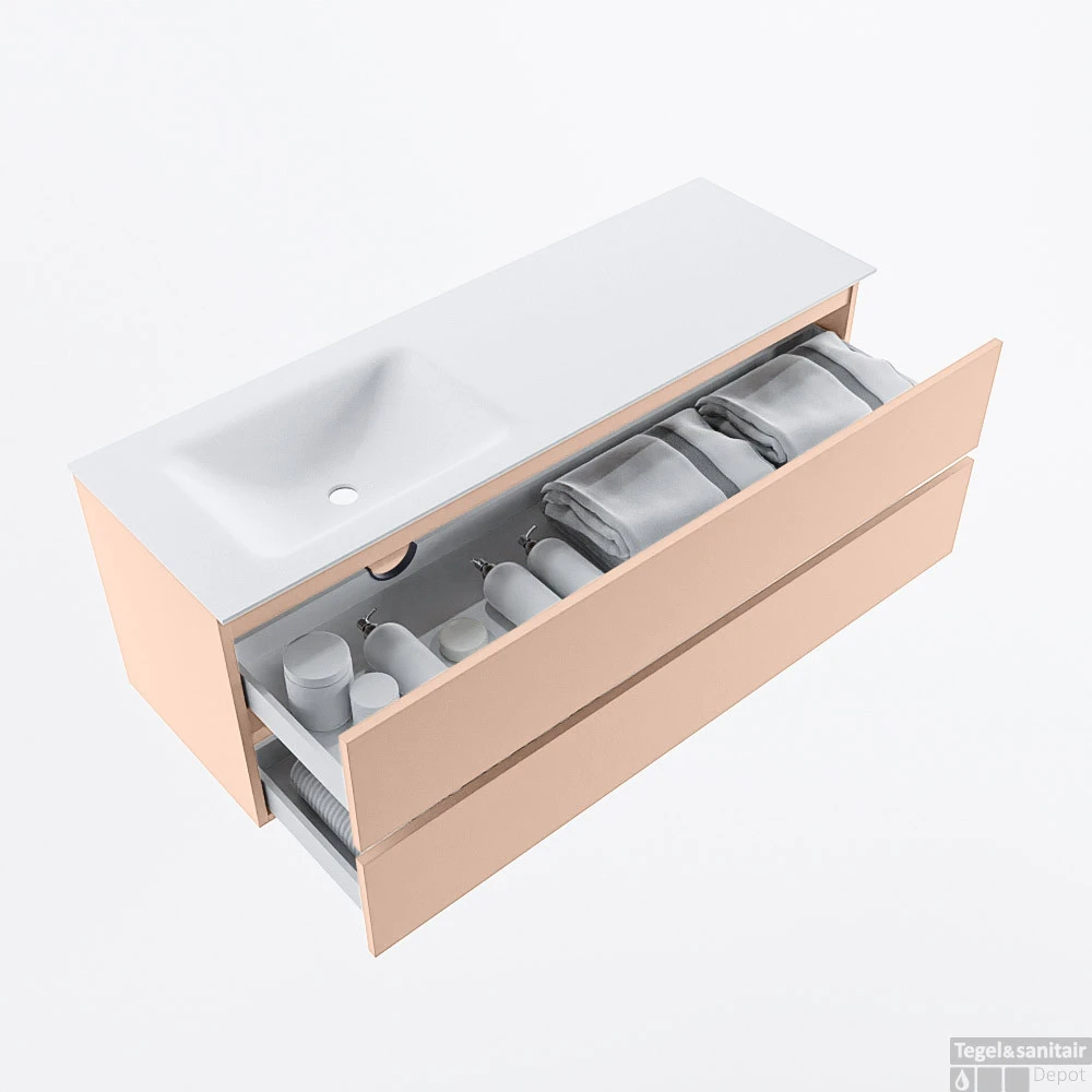 MONDIAZ VICA 140cm Badmeubel Onderkast Rosee 2 Lades. Wastafel CLOUD Links 1 Kraangat, Kleur Talc. 4 MONDIAZ VICA 140cm Badmeubel Onderkast Rosee 2 Lades. Wastafel CLOUD Links 1 Kraangat, Kleur Talc. - Afbeelding 2