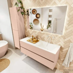 MONDIAZ VICA 130cm Badmeubel Onderkast Rosee 2 Lades. Wastafel CLOUD Rechts 1 Kraangat, Kleur Talc Met Spiegel LED. -Geberiter Meubels Geschaft badkamermeubel vica rosee cloud talc set2 0032