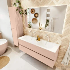 MONDIAZ VICA 140cm Badmeubel Onderkast Rosee 2 Lades. Wastafel CLOUD Dubbel 2 Kraangaten, Kleur Talc. -Geberiter Meubels Geschaft badkamermeubel vica rosee cloud talc set2 0041