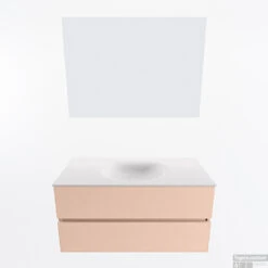 MONDIAZ VICA 100cm Badmeubel Onderkast Rosee 2 Lades. Wastafel Moon Midden Zonder Kraangat, Kleur Talc Met Spiegel LED. -Geberiter Meubels Geschaft badkamermeubel vica rosee moon talc google11 0013