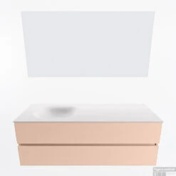 MONDIAZ VICA 140cm Badmeubel Onderkast Rosee 2 Lades. Wastafel Moon Links Zonder Kraangat, Kleur Talc Met Spiegel LED. -Geberiter Meubels Geschaft badkamermeubel vica rosee moon talc google11 0043