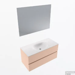 MONDIAZ VICA 100cm Badmeubel Onderkast Rosee 2 Lades. Wastafel Moon Midden Zonder Kraangat, Kleur Talc Met Spiegel LED.