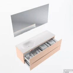 MONDIAZ VICA 140cm Badmeubel Onderkast Rosee 2 Lades. Wastafel Moon Links Zonder Kraangat, Kleur Talc Met Spiegel LED. -Geberiter Meubels Geschaft badkamermeubel vica rosee moon talc google13 0043