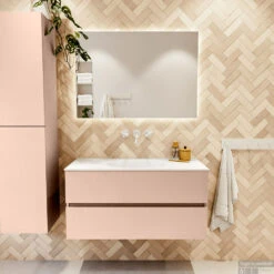 MONDIAZ VICA 100cm Badmeubel Onderkast Rosee 2 Lades. Wastafel Moon Midden Zonder Kraangat, Kleur Talc Met Spiegel LED. -Geberiter Meubels Geschaft badkamermeubel vica rosee moon talc set1 0013