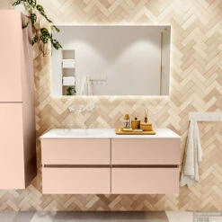 MONDIAZ VICA 120cm Badmeubel Onderkast Rosee 4 Lades. Wastafel MOON Links Zonder Kraangat, Kleur Talc. -Geberiter Meubels Geschaft badkamermeubel vica rosee moon talc set1 0057