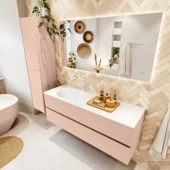 MONDIAZ VICA 140cm Badmeubel Onderkast Rosee 2 Lades. Wastafel Moon Links Zonder Kraangat, Kleur Talc Met Spiegel LED. -Geberiter Meubels Geschaft badkamermeubel vica rosee moon talc set2 0043