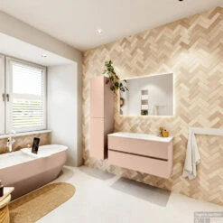 MONDIAZ VICA 100cm Badmeubel Onderkast Rosee 2 Lades. Wastafel Moon Midden Zonder Kraangat, Kleur Talc Met Spiegel LED. -Geberiter Meubels Geschaft badkamermeubel vica rosee moon talc set4 0013