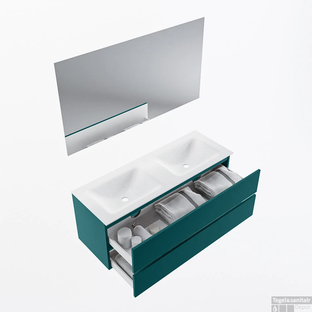 MONDIAZ VICA 130cm Badmeubel Onderkast Smag 2 Lades. Wastafel CLOUD Dubbel 2 Kraangaten, Kleur Talc Met Spiegel LED. 4 MONDIAZ VICA 130cm Badmeubel Onderkast Smag 2 Lades. Wastafel CLOUD Dubbel 2 Kraangaten, Kleur Talc Met Spiegel LED. - Afbeelding 2