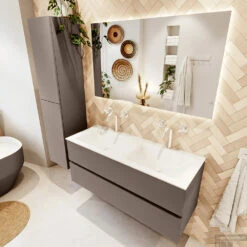 MONDIAZ VICA 120cm Badmeubel Onderkast Smoke 2 Lades. Wastafel CLOUD Dubbel 2 Kraangaten, Kleur Talc. -Geberiter Meubels Geschaft badkamermeubel vica smoke cloud talc set2 0025