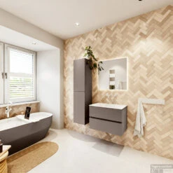 MONDIAZ VICA 70cm Badmeubel Onderkast Smoke 2 Lades. Wastafel CLOUD Midden Zonder Kraangat, Kleur Talc Met Spiegel LED. -Geberiter Meubels Geschaft badkamermeubel vica smoke cloud talc set4 0005