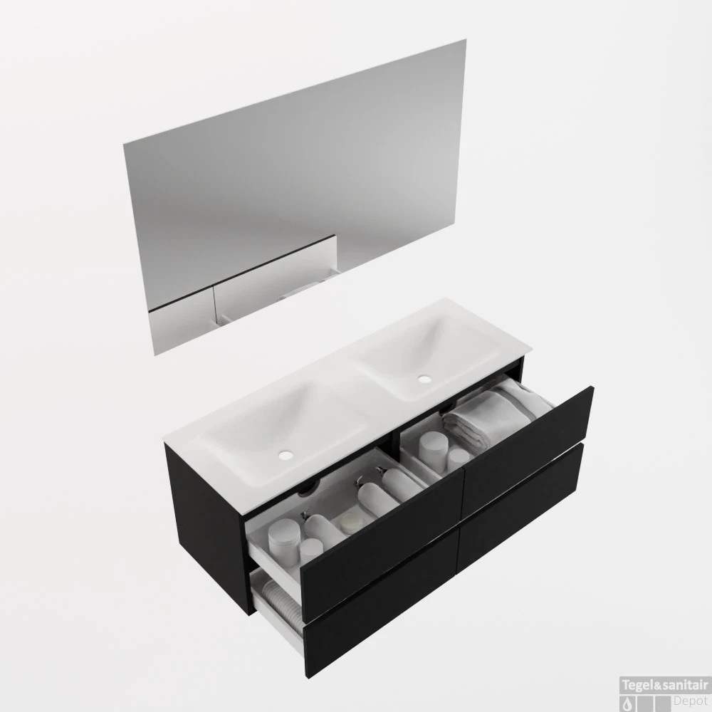 MONDIAZ VICA 130cm Badmeubel Onderkast Urban 4 Lades. Wastafel CLOUD Dubbel Zonder Kraangat, Kleur Talc Met Spiegel LED. 4 MONDIAZ VICA 130cm Badmeubel Onderkast Urban 4 Lades. Wastafel CLOUD Dubbel Zonder Kraangat, Kleur Talc Met Spiegel LED. - Afbeelding 2