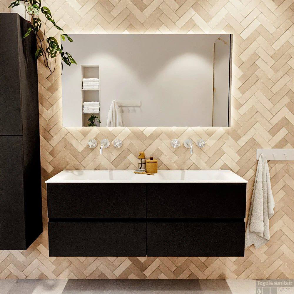 MONDIAZ VICA 130cm Badmeubel Onderkast Urban 4 Lades. Wastafel CLOUD Dubbel Zonder Kraangat, Kleur Talc Met Spiegel LED. 7 MONDIAZ VICA 130cm Badmeubel Onderkast Urban 4 Lades. Wastafel CLOUD Dubbel Zonder Kraangat, Kleur Talc Met Spiegel LED. - Afbeelding 5