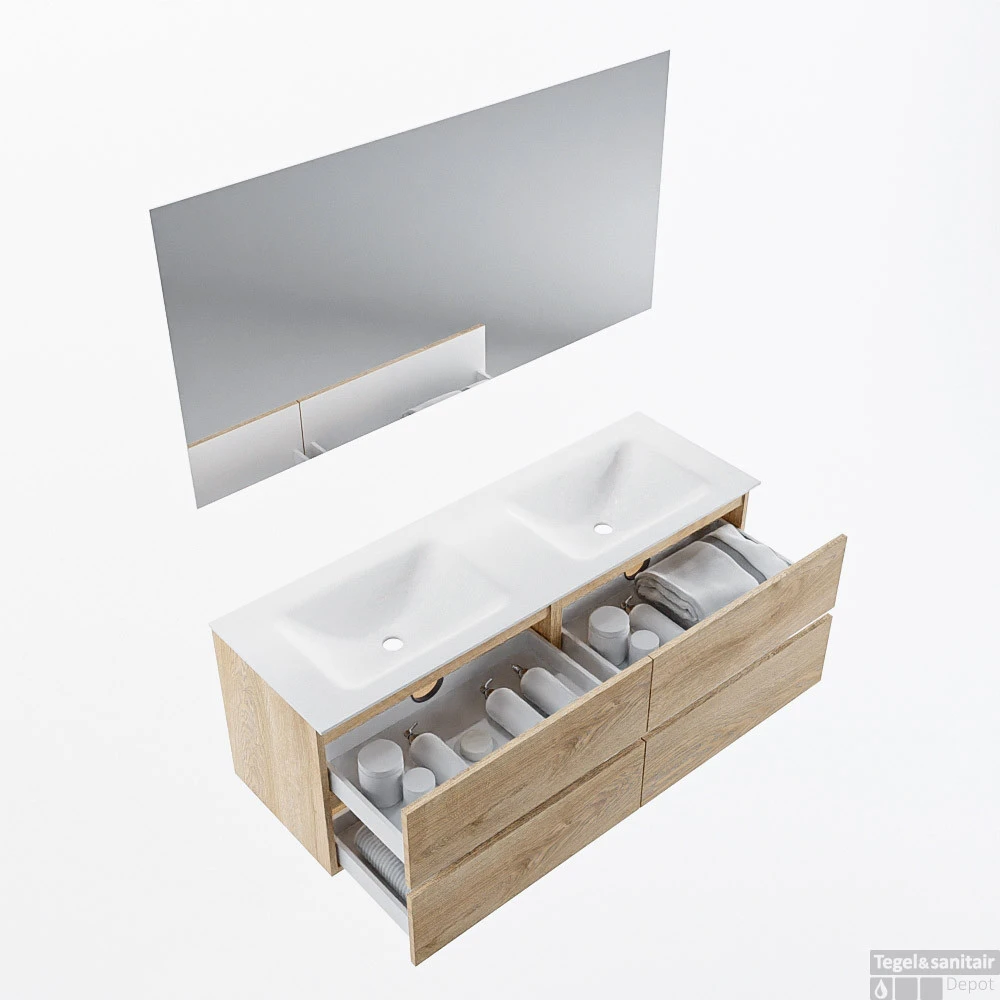 MONDIAZ VICA 140cm Badmeubel Onderkast Washed Oak 4 Lades. Wastafel CLOUD Dubbel Zonder Kraangat, Kleur Talc Met Spiegel LED. 4 MONDIAZ VICA 140cm Badmeubel Onderkast Washed Oak 4 Lades. Wastafel CLOUD Dubbel Zonder Kraangat, Kleur Talc Met Spiegel LED. - Afbeelding 2