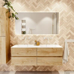 MONDIAZ VICA 140cm Badmeubel Onderkast Washed Oak 4 Lades. Wastafel CLOUD Dubbel Zonder Kraangat, Kleur Talc Met Spiegel LED. 14 MONDIAZ VICA 140cm Badmeubel Onderkast Washed Oak 4 Lades. Wastafel CLOUD Dubbel Zonder Kraangat, Kleur Talc Met Spiegel LED. -Geberiter Meubels Geschaft badkamermeubel vica washed oak cloud talc set1 0071