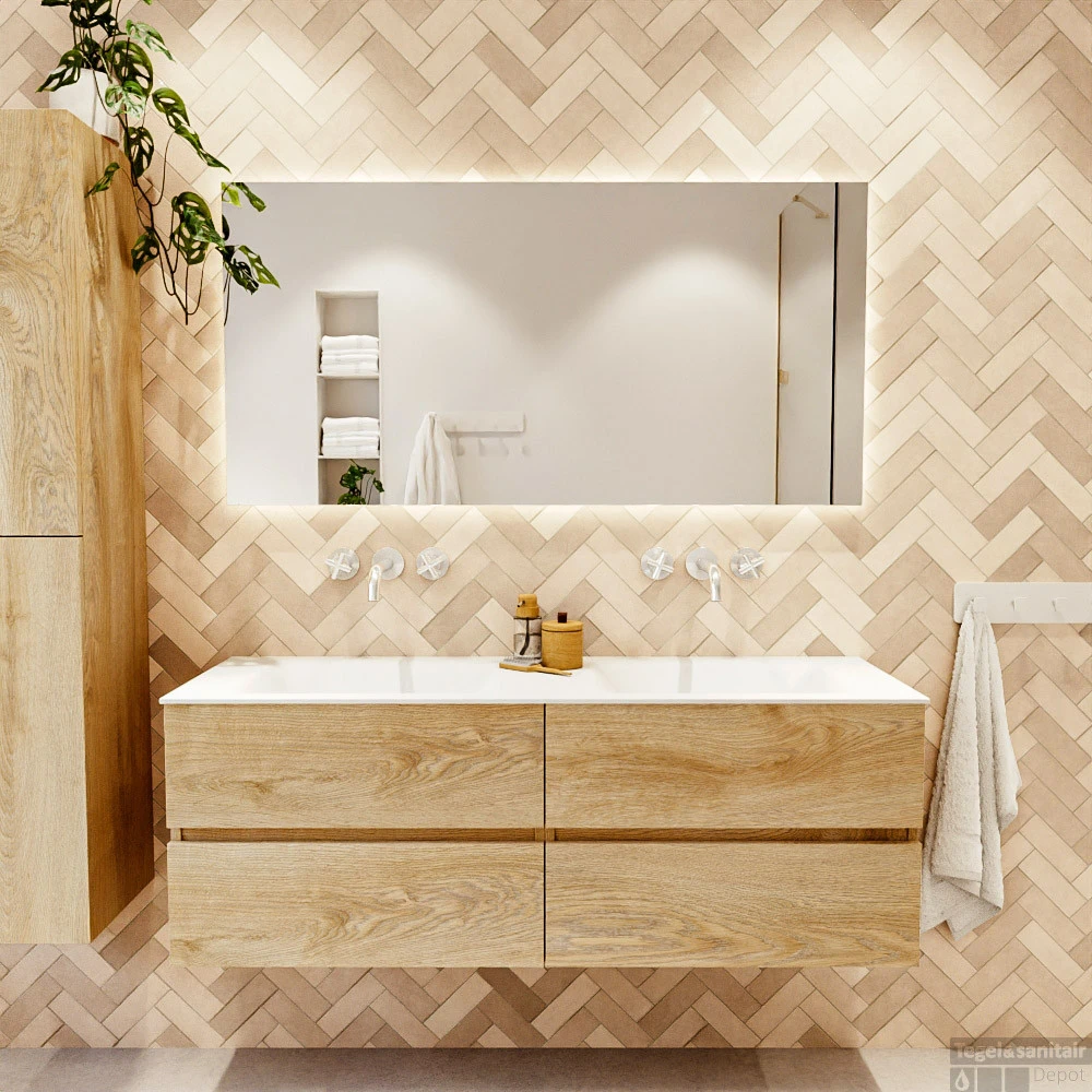 MONDIAZ VICA 140cm Badmeubel Onderkast Washed Oak 4 Lades. Wastafel CLOUD Dubbel Zonder Kraangat, Kleur Talc Met Spiegel LED. 7 MONDIAZ VICA 140cm Badmeubel Onderkast Washed Oak 4 Lades. Wastafel CLOUD Dubbel Zonder Kraangat, Kleur Talc Met Spiegel LED. - Afbeelding 5