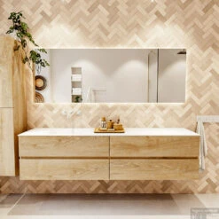 MONDIAZ VICA 200cm Badmeubel Onderkast Washed Oak 4 Lades. Wastafel CLOUD Links Zonder Kraangat, Kleur Talc. -Geberiter Meubels Geschaft badkamermeubel vica washed oak cloud talc set1 0105