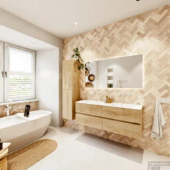 MONDIAZ VICA 140cm Badmeubel Onderkast Washed Oak 4 Lades. Wastafel CLOUD Dubbel Zonder Kraangat, Kleur Talc Met Spiegel LED. 16 MONDIAZ VICA 140cm Badmeubel Onderkast Washed Oak 4 Lades. Wastafel CLOUD Dubbel Zonder Kraangat, Kleur Talc Met Spiegel LED. -Geberiter Meubels Geschaft badkamermeubel vica washed oak cloud talc set4 0071